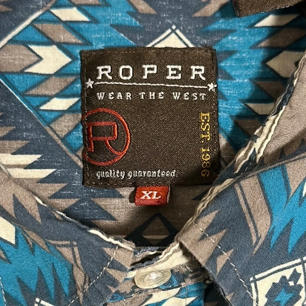 Roper Pearl Snap Short Sleeve Western Shirt Mens XL Blue Brown Aztec Print